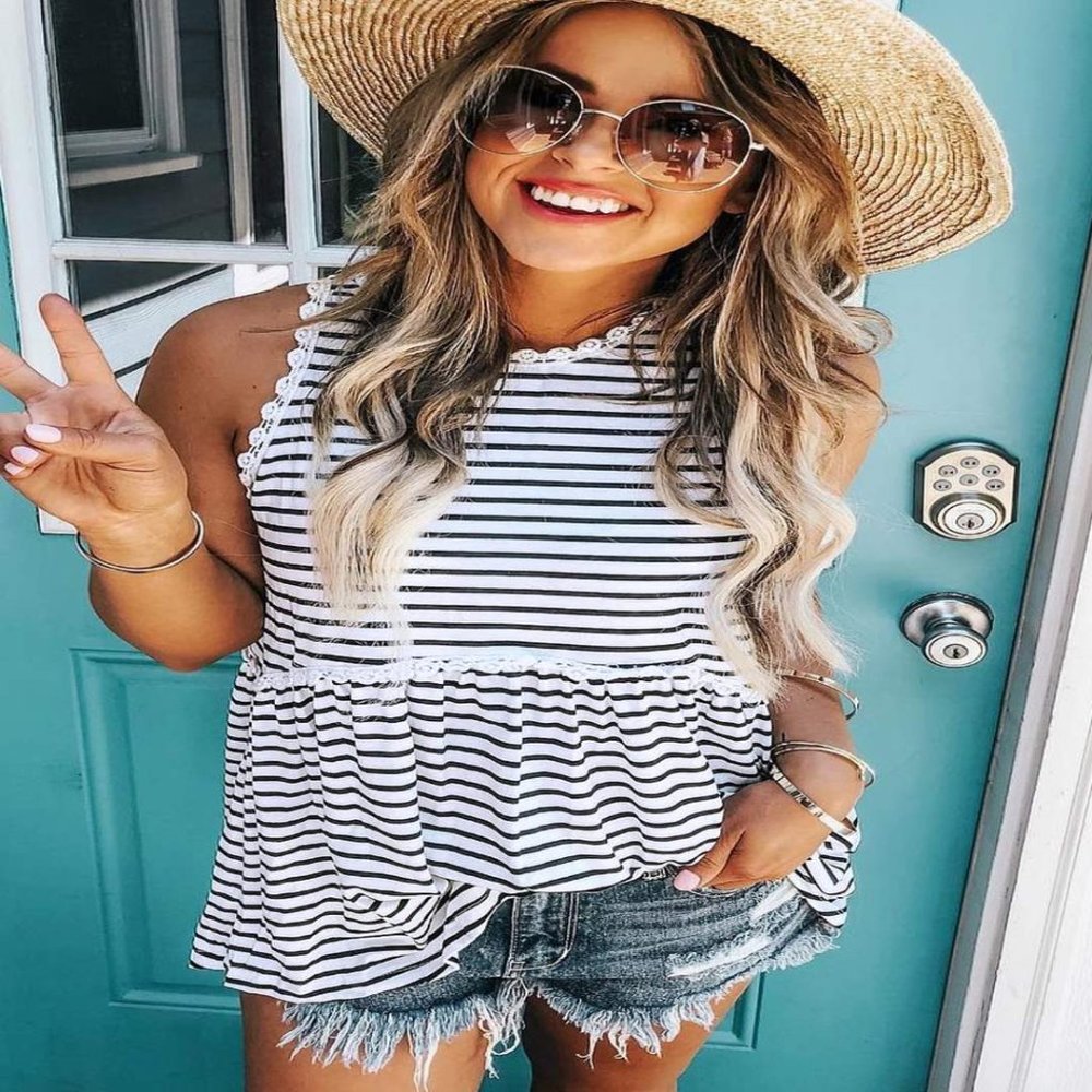 Flower Lace Black Striped Tank Top